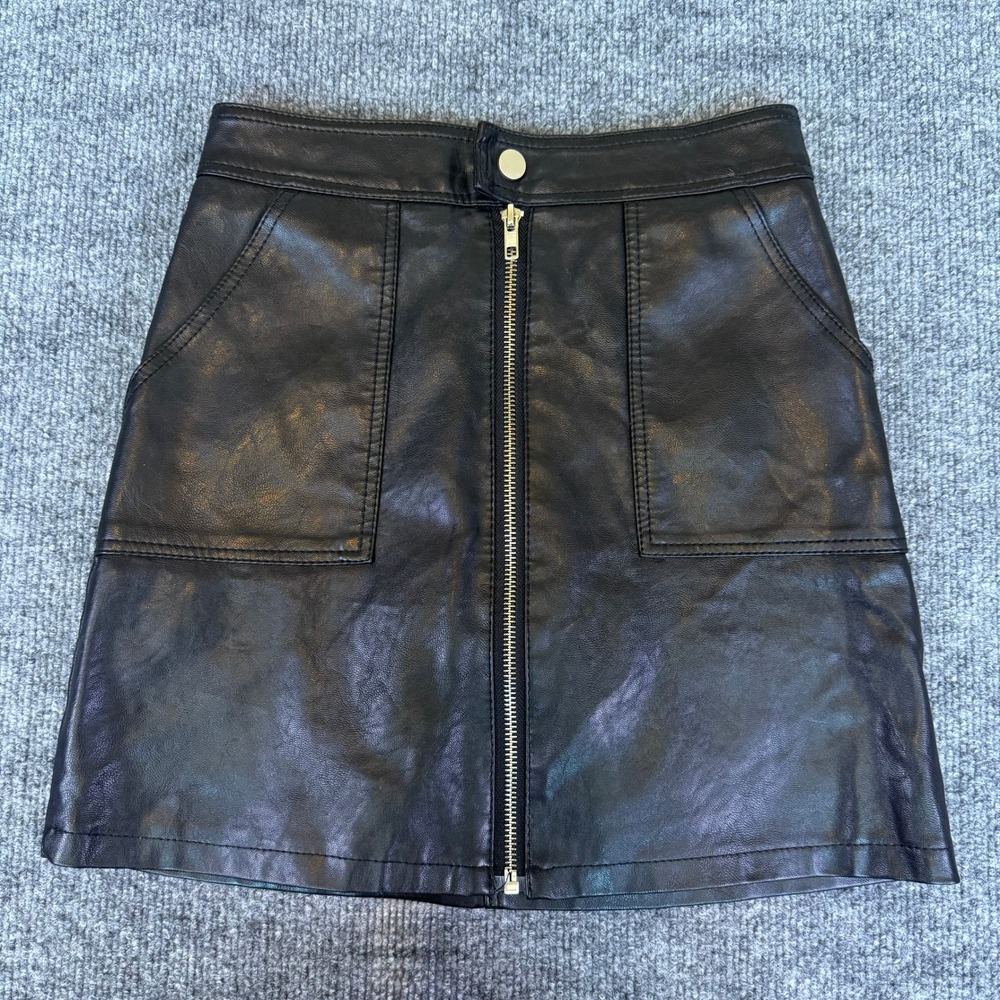Black Faux Leather Zipper Front Mini Skort with Pockets High Waisted A-Line Chic